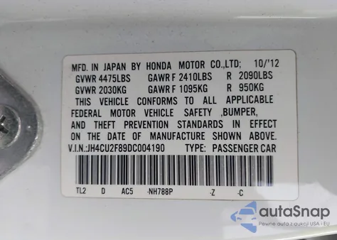 2013 Acura Tsx 2.4 from USA, damaged, VIN JH4CU2F89DC004190
